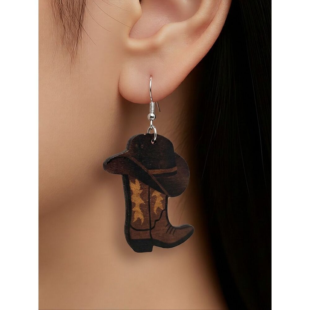 Cowboy Boot Hat Brown Wooden Dangle Earrings Cowgirl Jewelry Boho 🤠 Western NWT